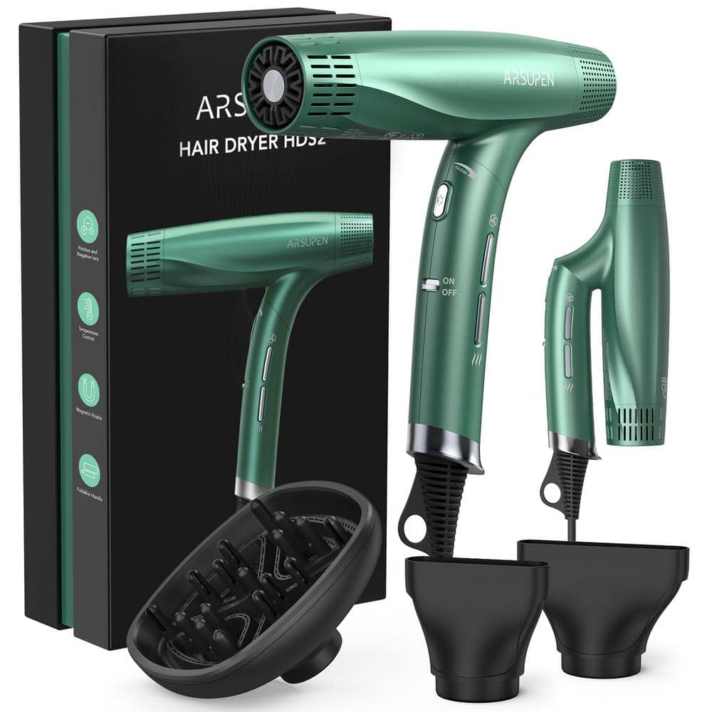 1500-Watt Lightweight Collapsible Dual Ion Hair Dryers Hair Dryer with  Magnetic Nozzle, Green HDLUO-PBE_0BRW - The Home Depot