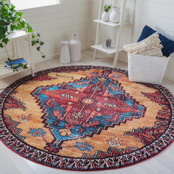 Vintage Hamadan Red/Blue 7 ft. x 7 ft. Medallion Round Area Rug
