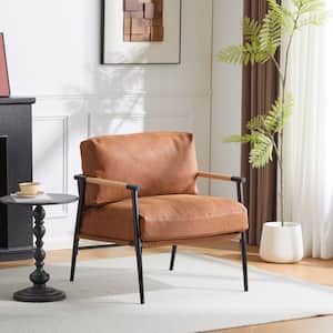 Minimalist Metal Frame Brown PU Faux Leather Arm Chair, Accent Chair with Plush Cushions, Wooden Armrests