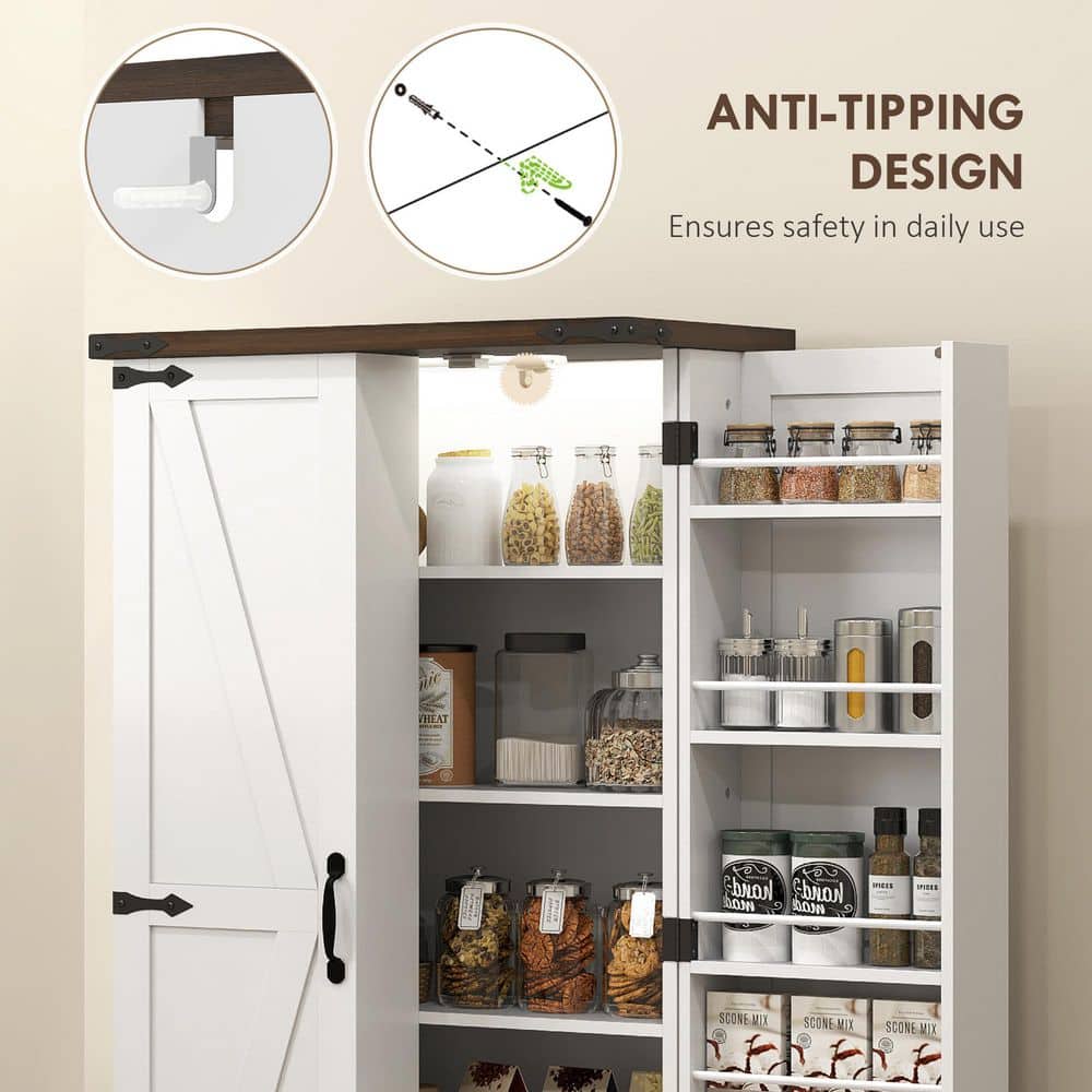 White Farmhouse Kitchen Pantry Cabinet with LED Light and Adjustable Shelves