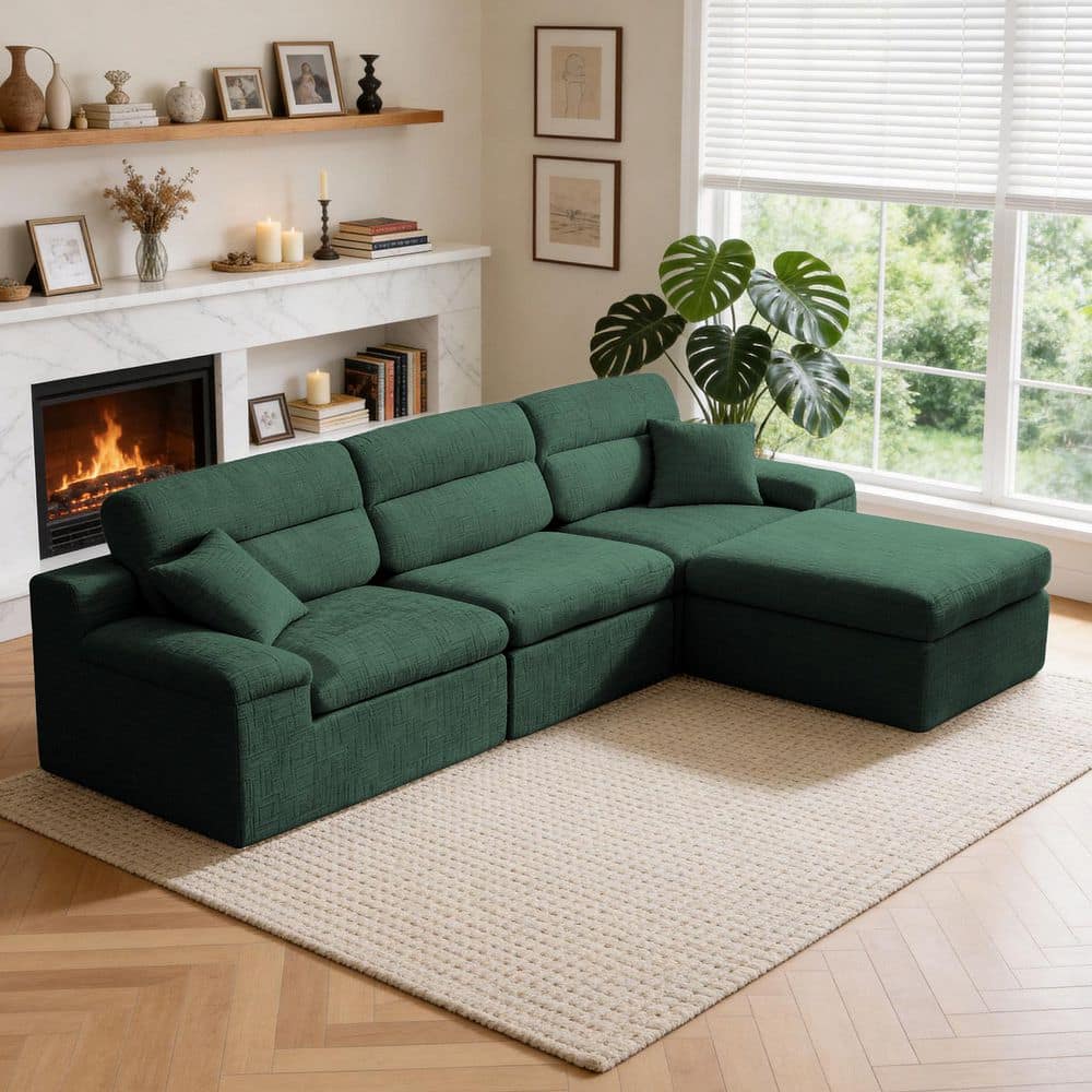 Magnus 110.63 in. 4-Piece Chenille Modular Sleeper Compressed Sectional Sofa in Dark Green with Ottoman price history on PriceWatchPro
