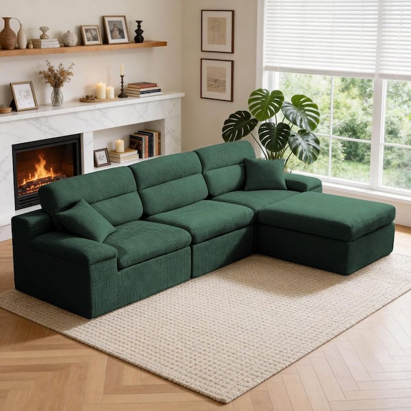 Magnus 110.63 in. 4-Piece Chenille Modular Sleeper Compressed Sectional Sofa in Dark Green with Ottoman