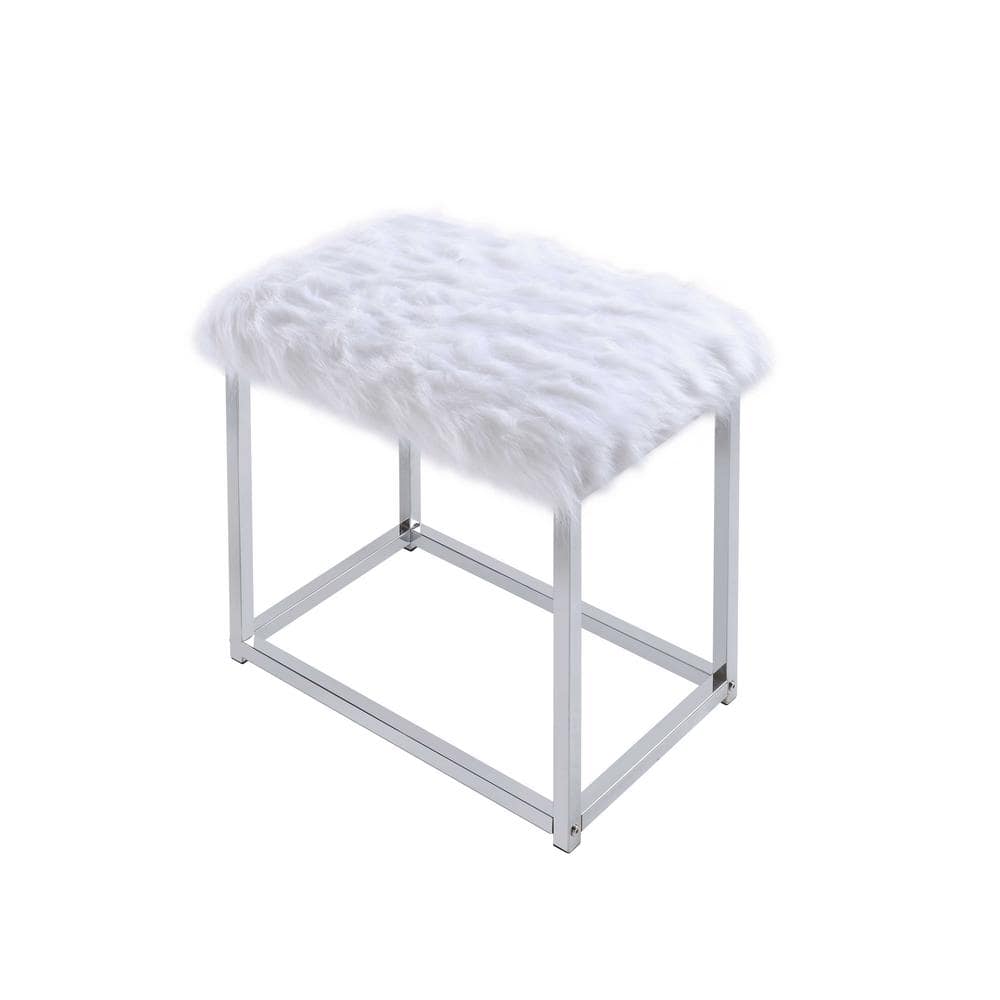 Carenze Chrome & White Faux Fur Vanity Set with Tilt Mirror
