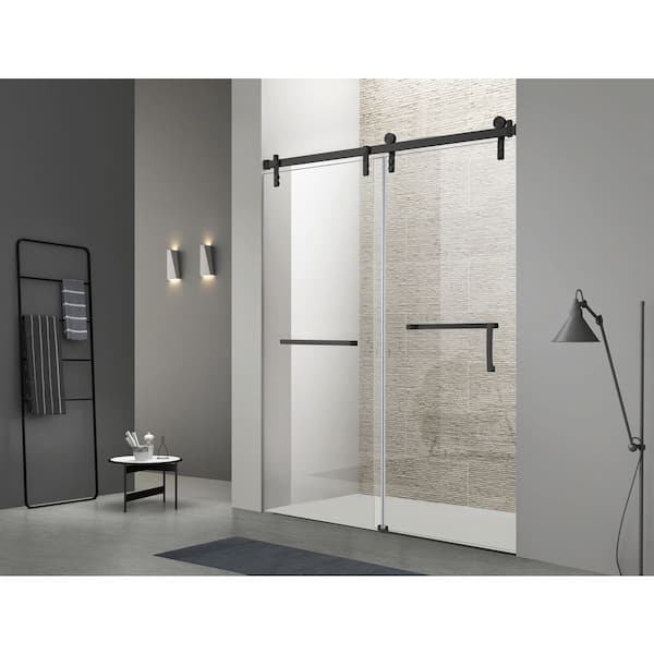 60 in. W x 76 in. H Single Sliding Frameless Shower Door in Matte Black with 5/16 in. Tempered Glass