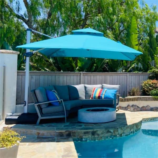 10 ft. Square Double-top Aluminum Umbrella Cantilever Polyester Patio Umbrella in Turquoise Blue with Beige Cover