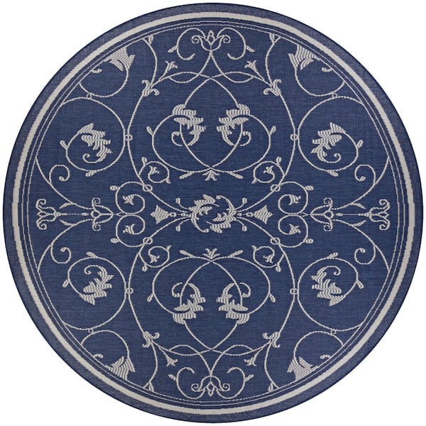 Couristan Recife Veranda Ivory-Indigo 8 ft. x 8 ft. Round Indoor/Outdoor Area Rug
