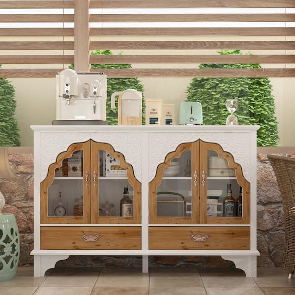 FUFU&GAGA White Finished Wooden 60.2 in. Width Classical Sideboard, Storage Cabinet, Bookcase with 4-Shlef, Tempered Glass Doors