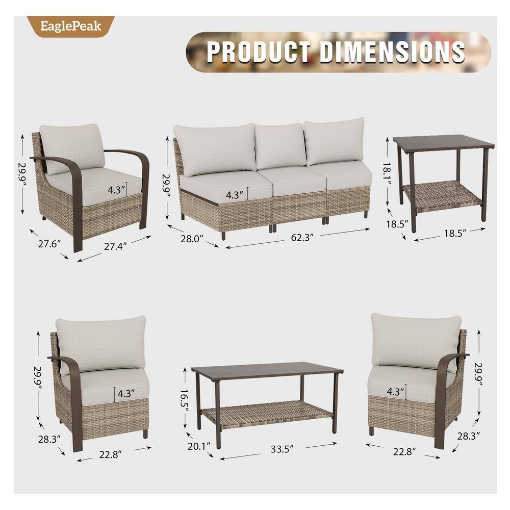 Beige and Brown Steel 7-Person Outdoor Sectional Sofa Set