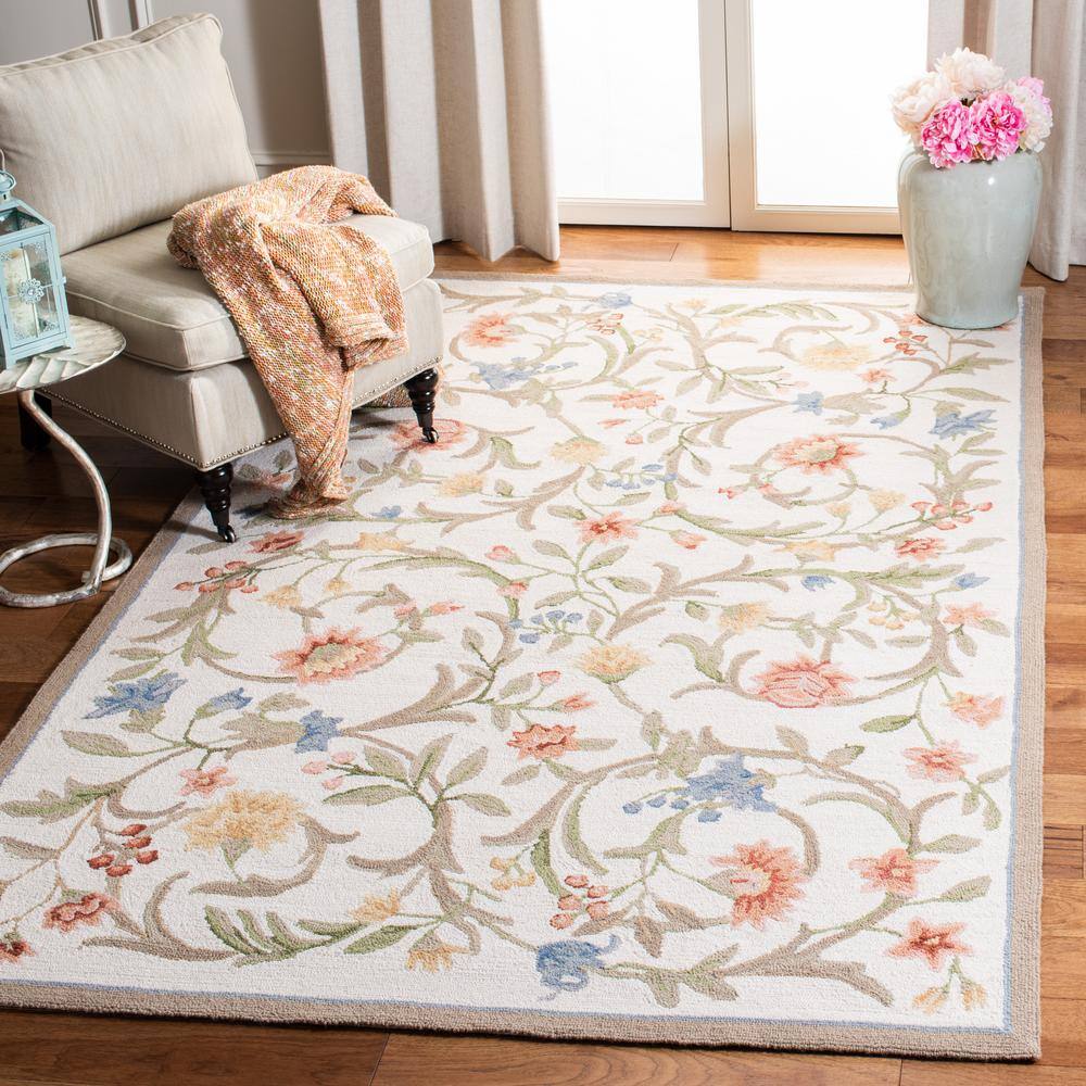 Ivory Floral Hand-Hooked Wool Circle Area Rug