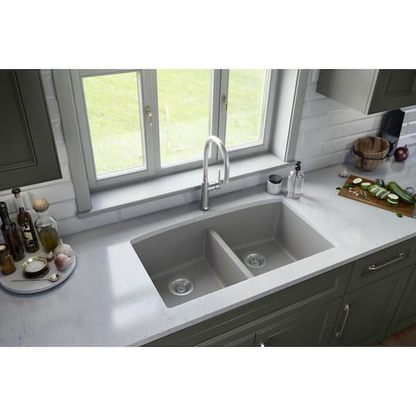 Karran Undermount Quartz Composite 32 in. 50/50 Double Bowl Kitchen Sink in Grey