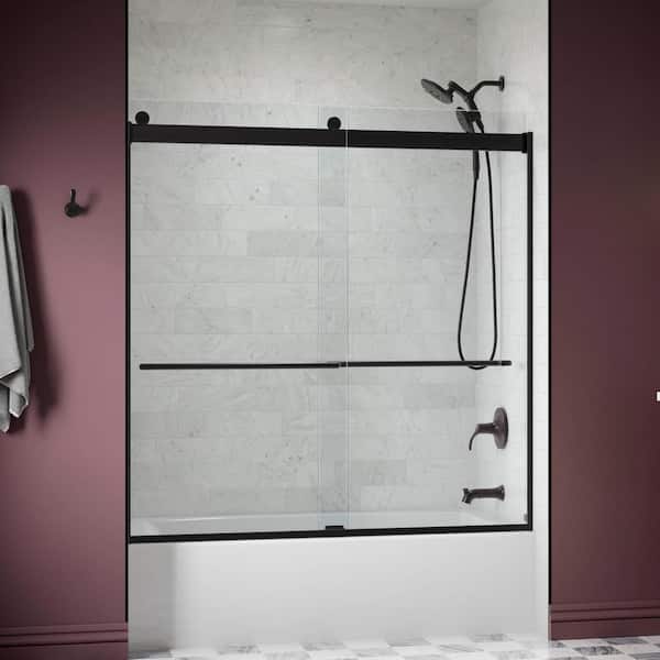 KOHLER Levity 57-60 in. W x 60 in. H Frameless Sliding Tub Door in Matte Black with 1/4 in. Thick Clear Glass