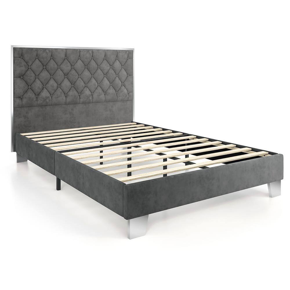 Costway Gray Metal Frame Full Upholstered Platform Bed