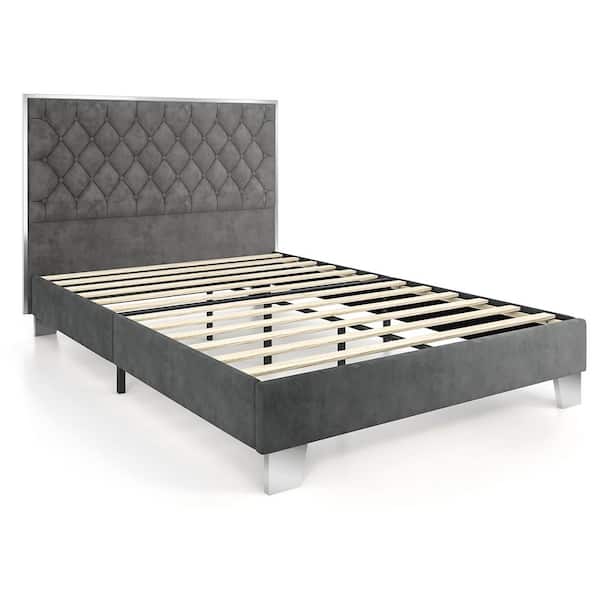 Costway Gray Metal Frame Full Upholstered Platform Bed Mattress Foundation with Button Tufted Velvet Headboard