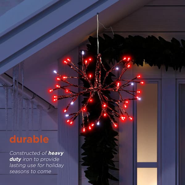 Alpine Corporation 10 in. Tall Christmas Twig Snowflake Ornament with LED Lights, Red