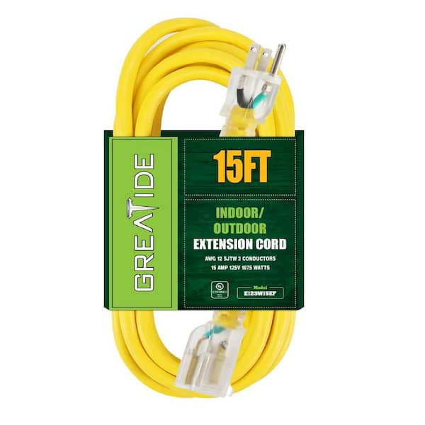 Etokfoks 15 ft. 12/3 Heavy Duty Outdoor Extension Cord with 3 Prong Grounded Plug-15 Amps Power Cord Yellow
