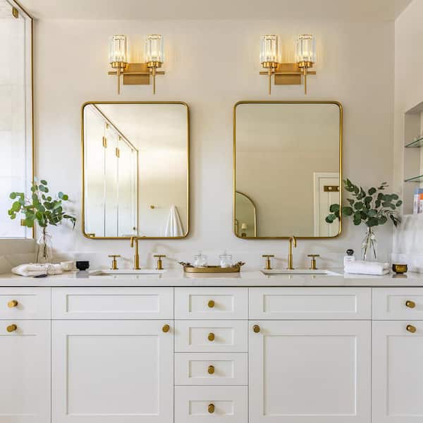 Orillia 12.2 in. 2-Light Modern Industrial Gold Bathroom Vanity Light with Crystal Cylinder Shades