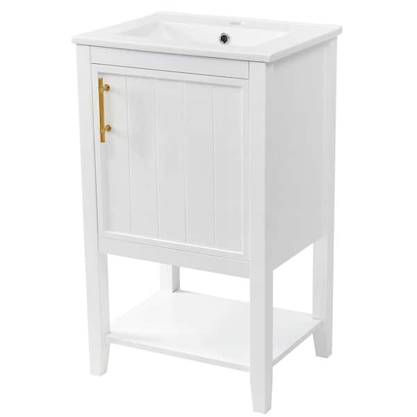 FUNKOL 20 in. W Modern Elegant Freestanding Bathroom Vanity in White with Sink, Soft Closing Door, Storage Rack and Open Shelf