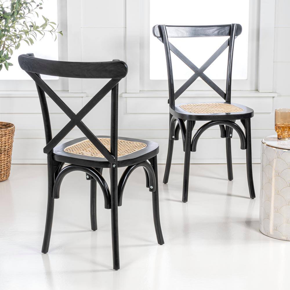 Black High Cross Back Rattan Cane Side Chair Set