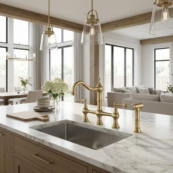 Vintage Double Handle Bridge Kitchen Faucet with Side Sprayer in Brushed Gold