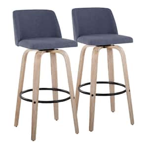 Toriano 29.5 in. Blue Fabric, White Washed Wood and Black Metal Fixed-Height Bar Stool with Round Footrest (Set of 2)