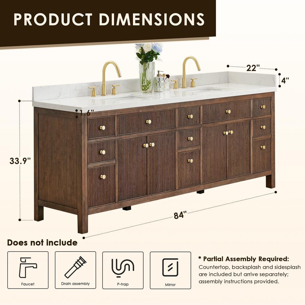 Cerrito 84" Brown Oak Double Vanity with White Stone Top