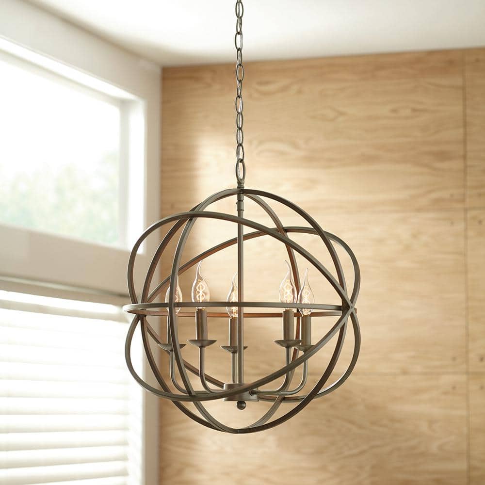Sarolta Sands 5-Light Antique Silver Leaf Chandelier Light Fixture with Caged Globe Metal Shade