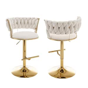 Tory 24 in. 32 in. Upholstered Cream Low Back Gold Metal Frame Adjustable Bar Stool With Velvet Fabric (Set of 2)