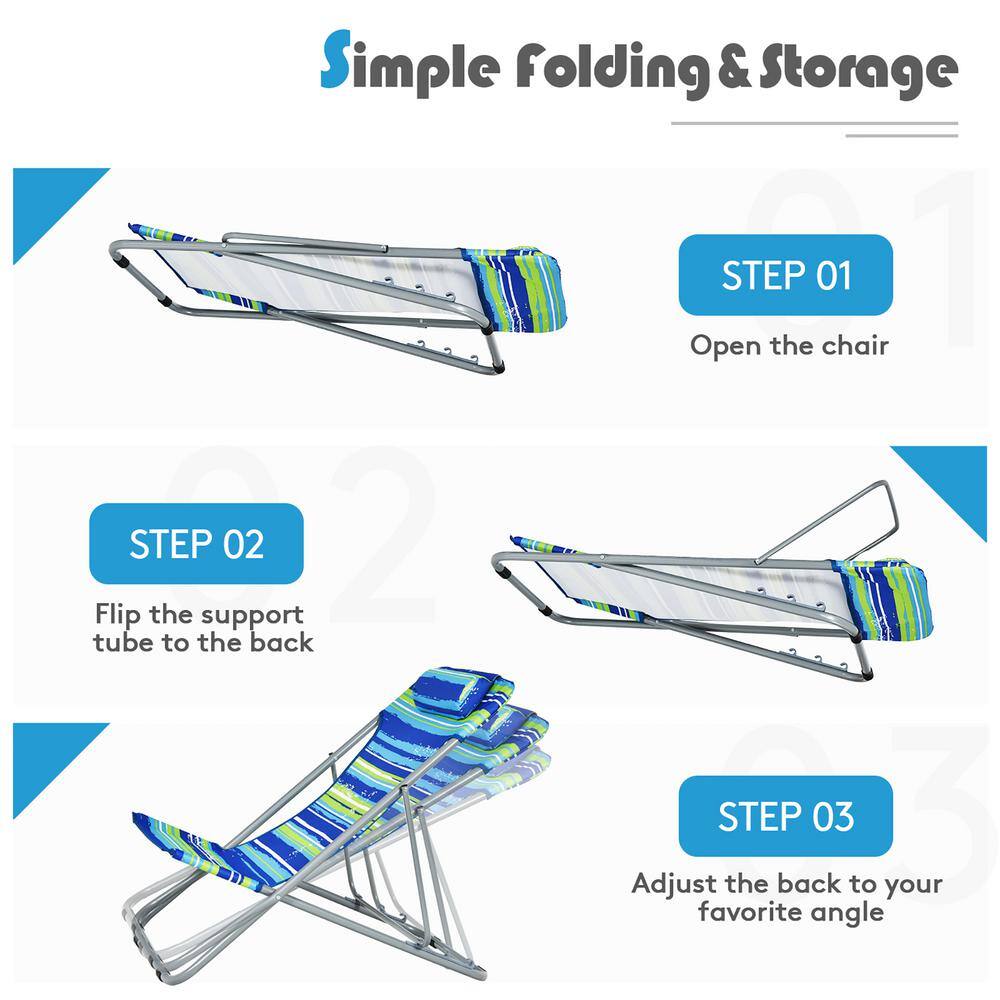 Blue Striped Folding Armless Camping Beach Chairs with Headrest, Set of 2