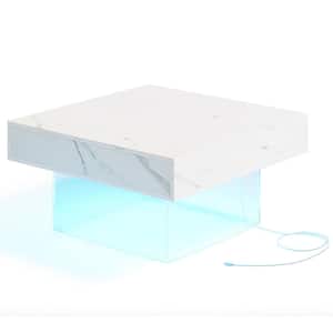 Calvin 31.5 in. White Square Wood Coffee Table Modern Faux Marble LED Acrylic Base, Unique Low Center Table