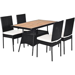 5-Piece Wicker Outdoor Dining Set Acacia Wood Table and 4 Chairs with White Cushions