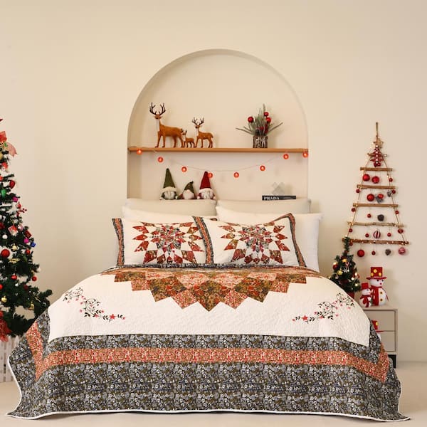 MarCielo WX100 Christmas Multicolour Floral Queen Size Polyester Quilt Bedspread Set