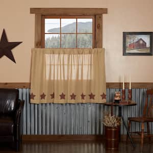 Burlap Stenciled Star 36 in. W x 36 in. L Country Light Filtering Tier Window Panel in Natural Tan Burgundy Pair