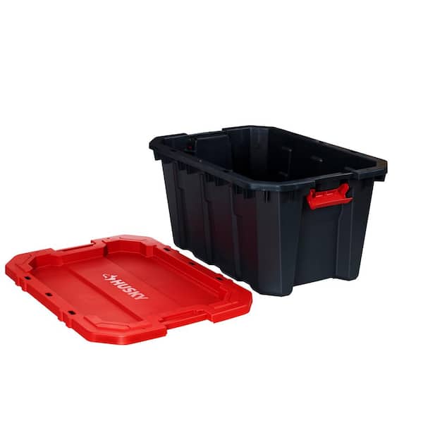 Husky 45 Gal Latch Stack Tote Wheels Black Red Lid Storage Bins Plastic  Durable