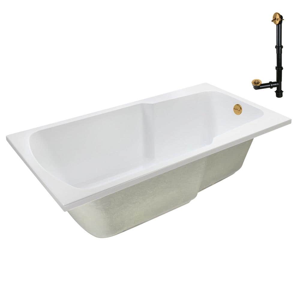 72'' Glossy White Acrylic Soaking Drop-In Bathtub with Brushed Gold Hardware