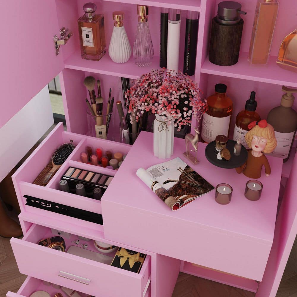 White Makeup Vanity Desk Wood Dressing Table With Sliding Top, Full-Length Mirror, Hidden Shelves, Drawers, LED Lights - thumbnail 5