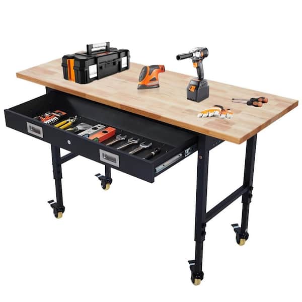 60 in. x 22 in. Workbench Drawer Storage, Adjustable Height Worktable for Garage, Rubber Wood Top Heavy Duty Workbench