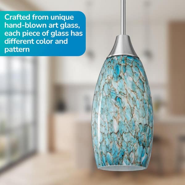 60 -Watt 1 Light Blue Adjustable Rods Medium Pendant Light with Hand Blown Glass Shade, No Bulbs Included