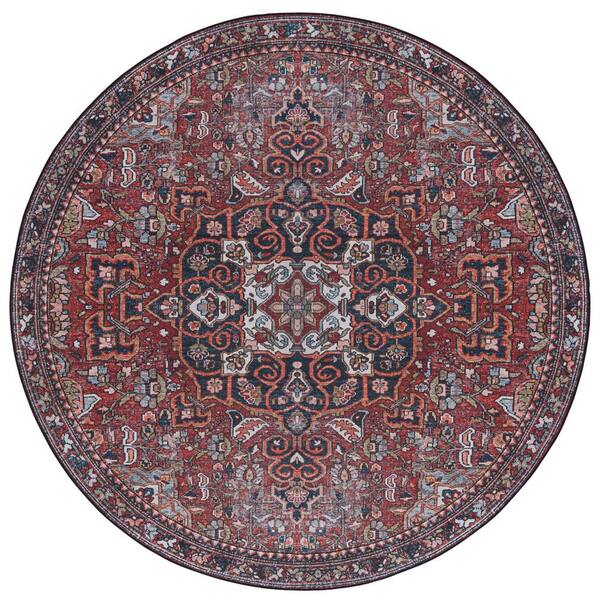 SAFAVIEH Tucson Red/Blue 6 ft. x 6 ft. Machine Washable Floral Medallion Border Round Area Rug