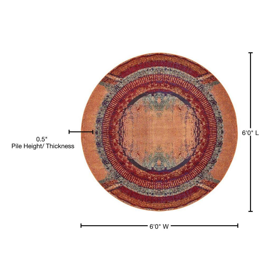 6' Round Orange and Black Abstract Synthetic Rug
