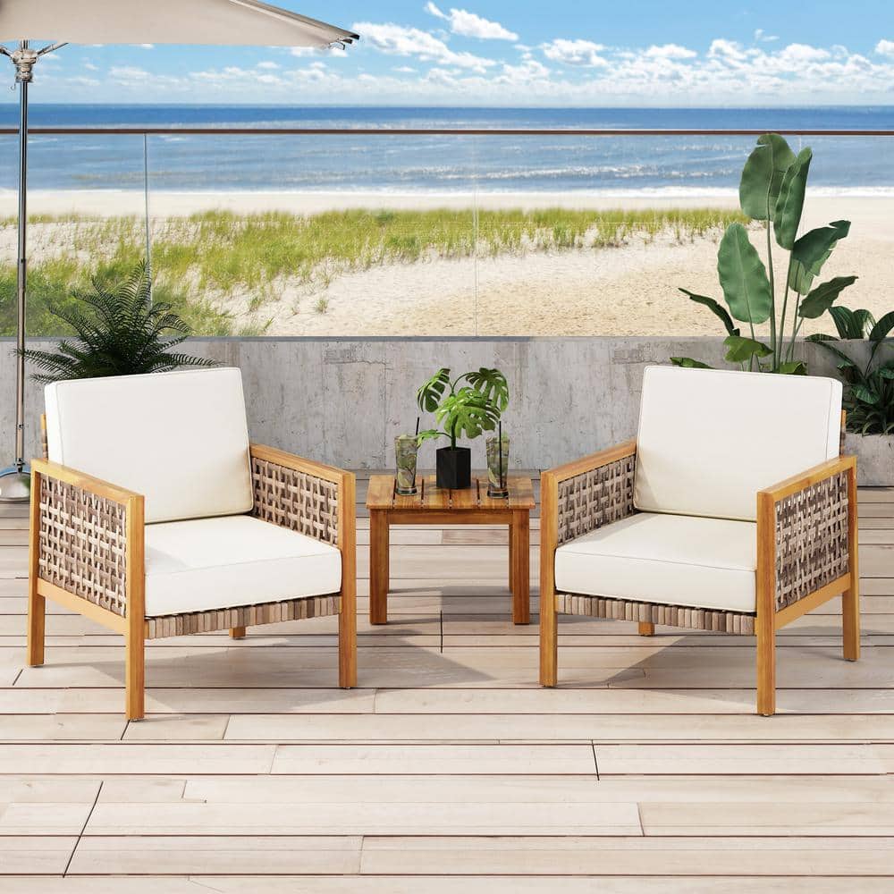 Teak Faux Rattan Club Armchair with Beige Cushions