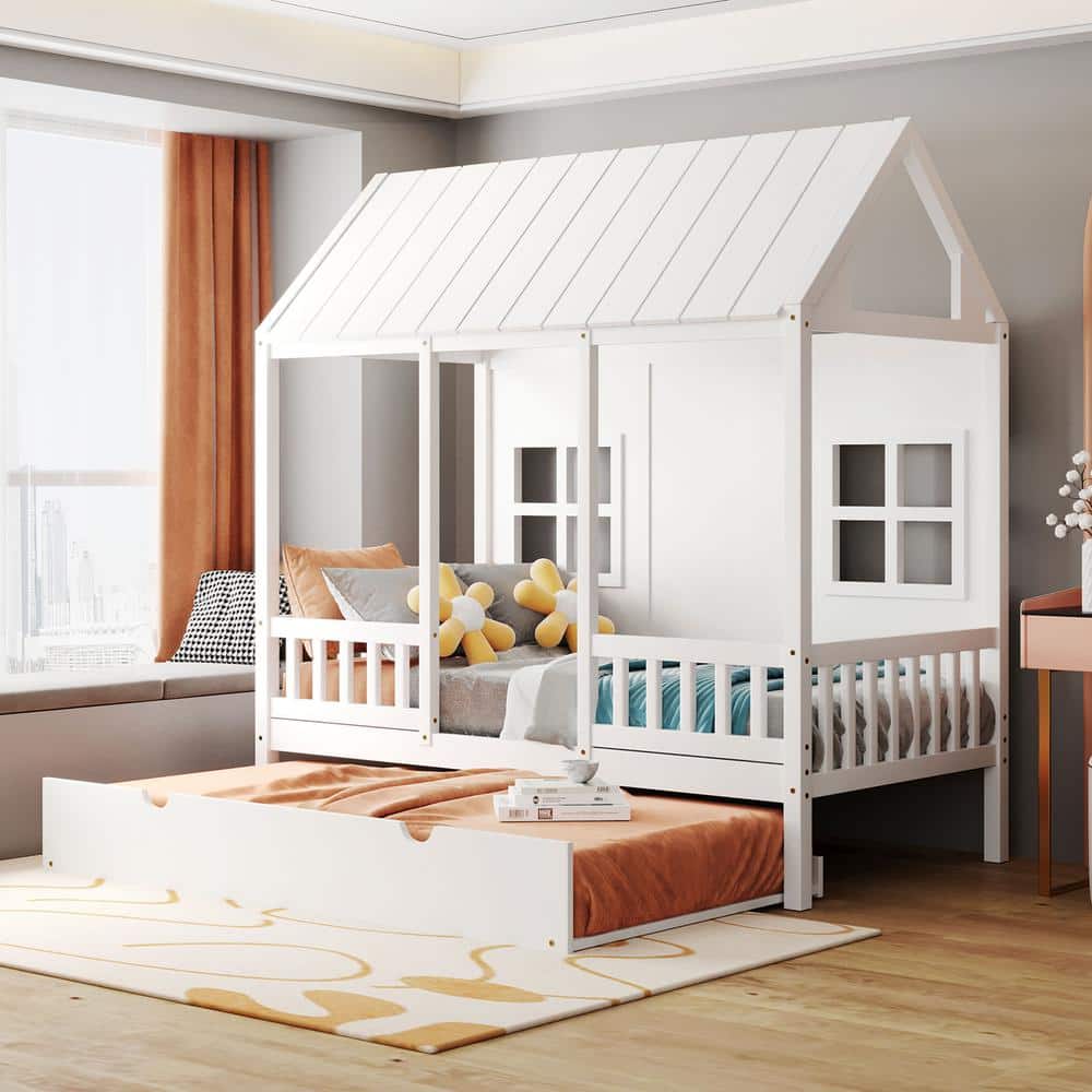 Harper & Bright Designs White Twin Size Wood House Bed with Twin Size ...