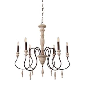 Molina Farmhouse Shabby Chic 6-Light Distressed White Wood Chandelier with Candle Holder