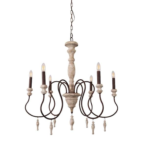 Oaks Aura Molina Farmhouse Shabby Chic 6-Light Distressed White Wood Chandelier with Candle Holder