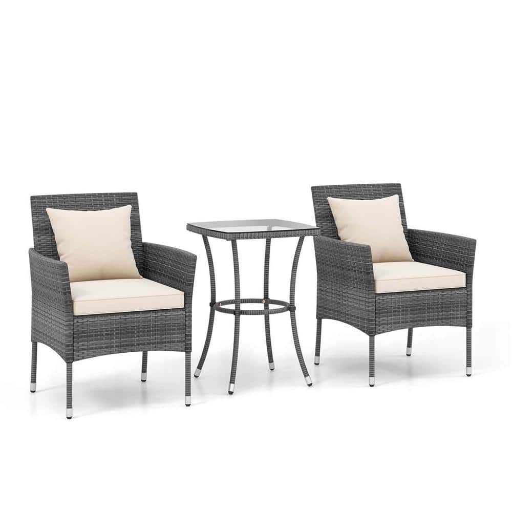 Costway Grey 3-Piece Metal Rectangle 28 in. Outdoor Dining Set with Cushioned Patio Chairs and Tempered Glass