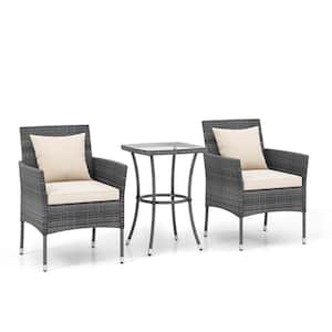 Grey 3-Piece Metal Rectangle 28 in. Outdoor Dining Set with Cushioned Patio Chairs and Tempered Glass