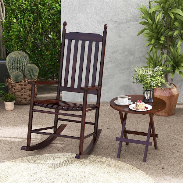 Brown Wood Outdoor Rocking Chair with Solid Rocking Base Slatted Seat and Back
