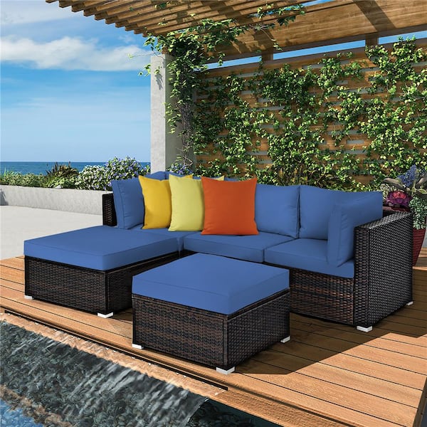 5-Piece Wicker Patio Conversation Sectional Seating Set with Navy Cushions