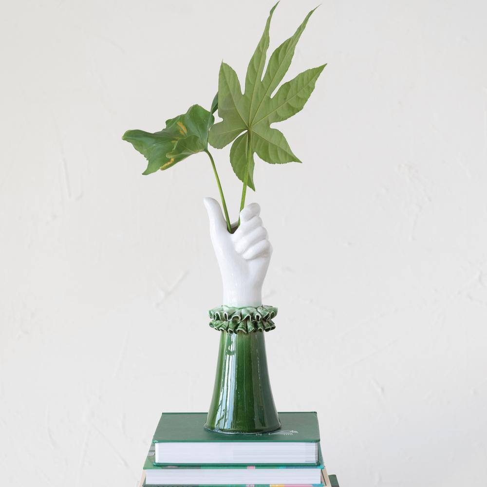 Green and White Ceramic Hand Vase with Ruffled Sleeve