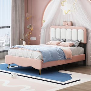 White and Pink Twin Size Velvet Platform Bed Princess Kids Bed with Bow-Knot Headboard