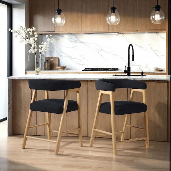 Walker Edison Furniture Company Modern 24.25 in. Black Rounded Back Solid Wood and Boucle Upholstery Counter Stool